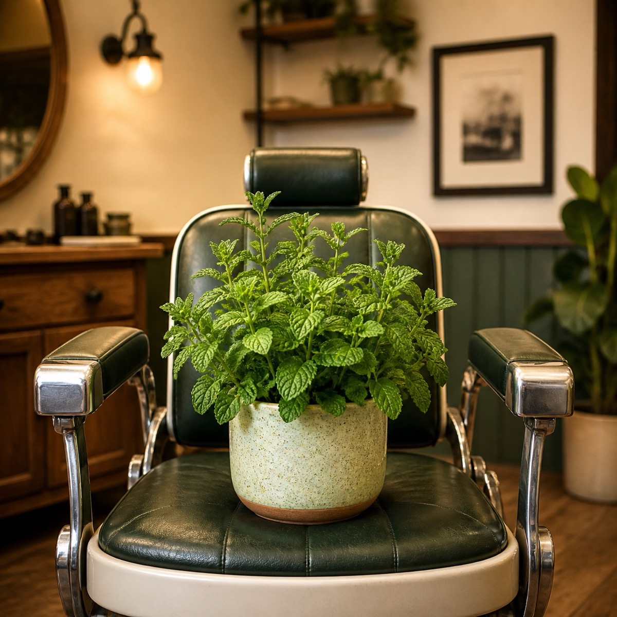 Potted mint plant in a barber chair representing Chad R