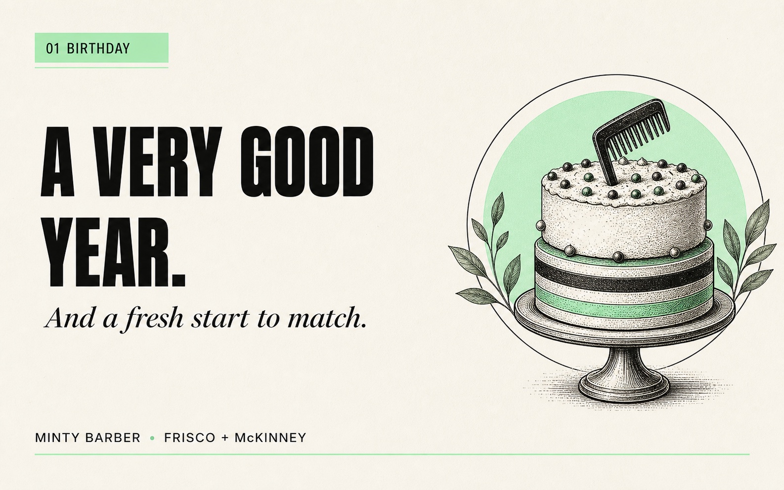 Minty Barber birthday gift card with a cake, comb, and the message A very good year
