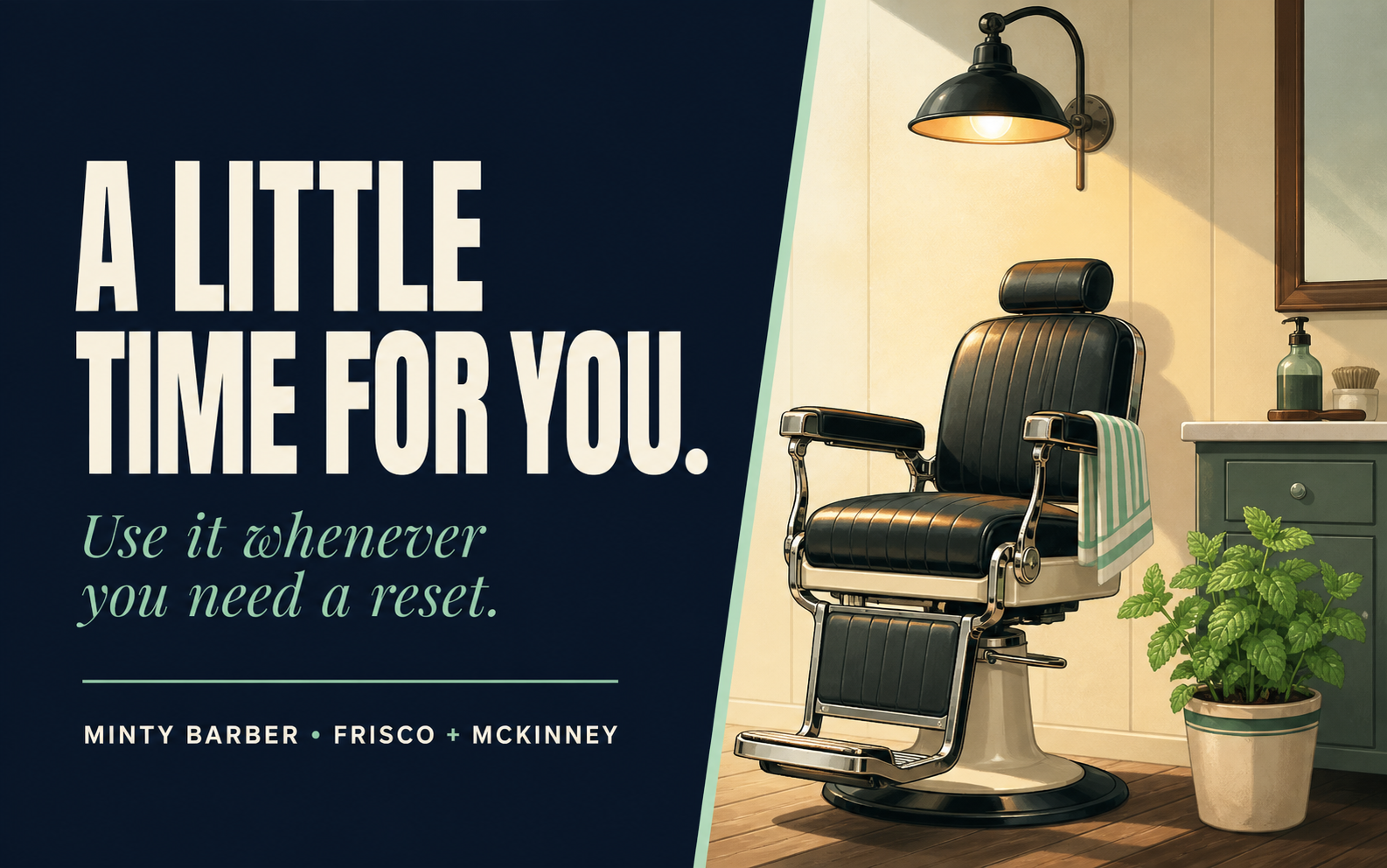 Minty Barber self-care gift card showing a warmly lit barber chair with the message A little time for you