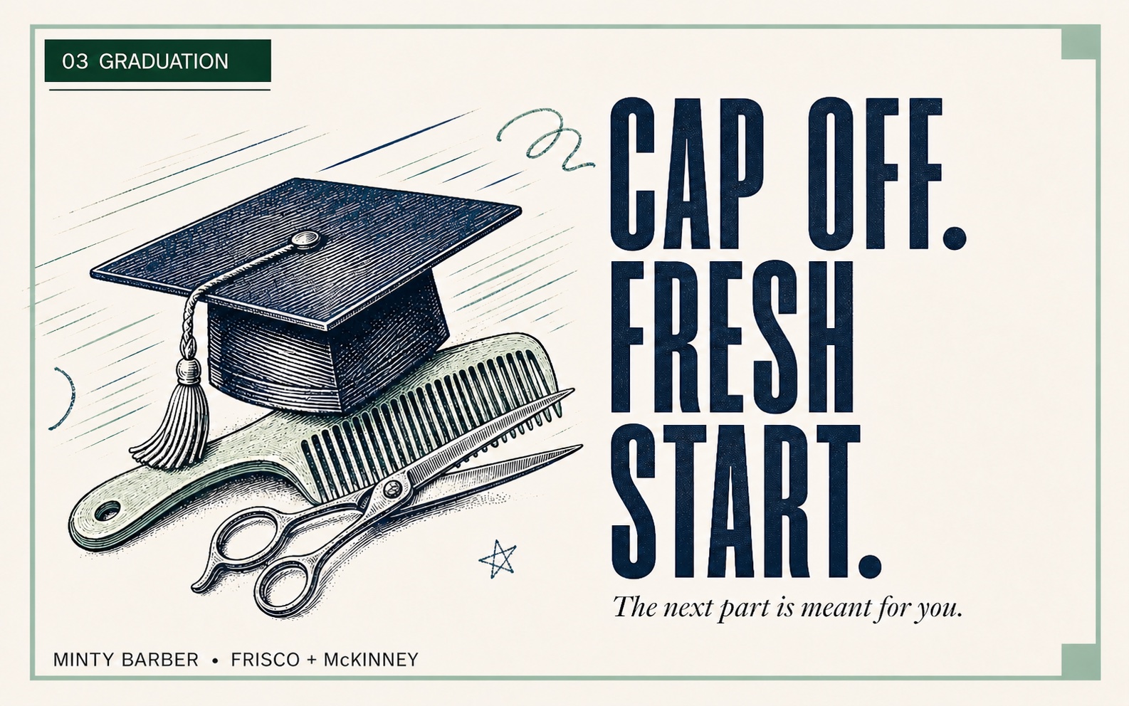Minty Barber graduation gift card with a cap, diploma, comb, and the message Cap off, fresh start