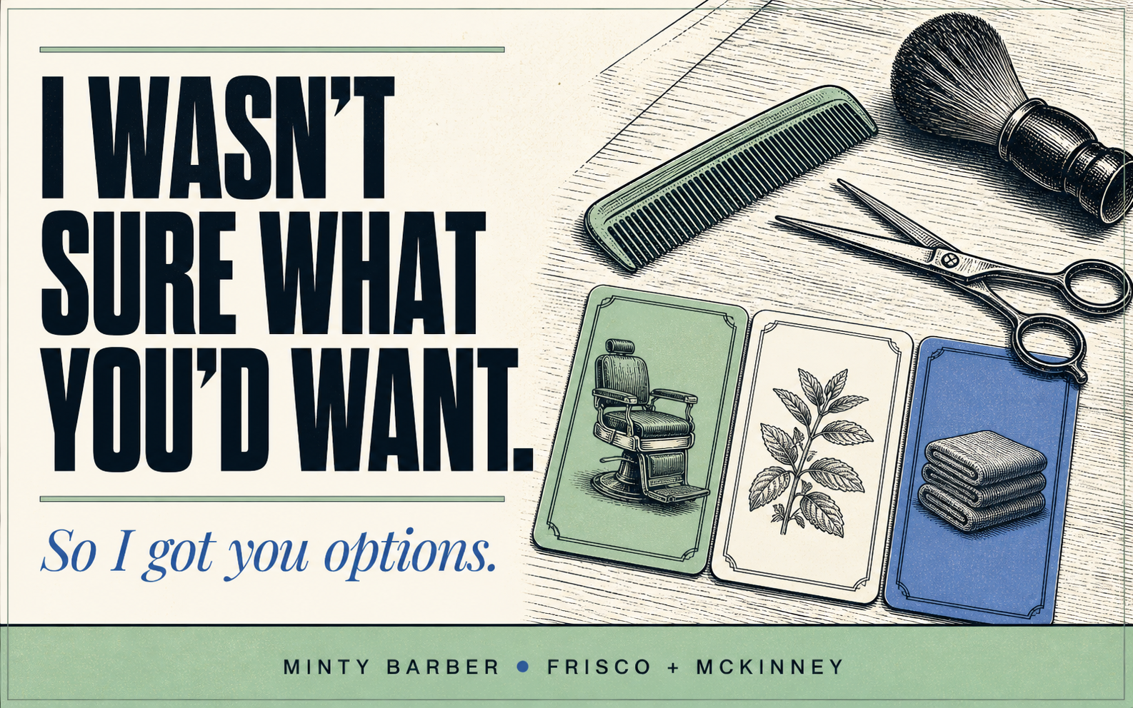 Minty Barber grooming gift card with a comb, scissors, brush, and service choices beside the message So I got you options
