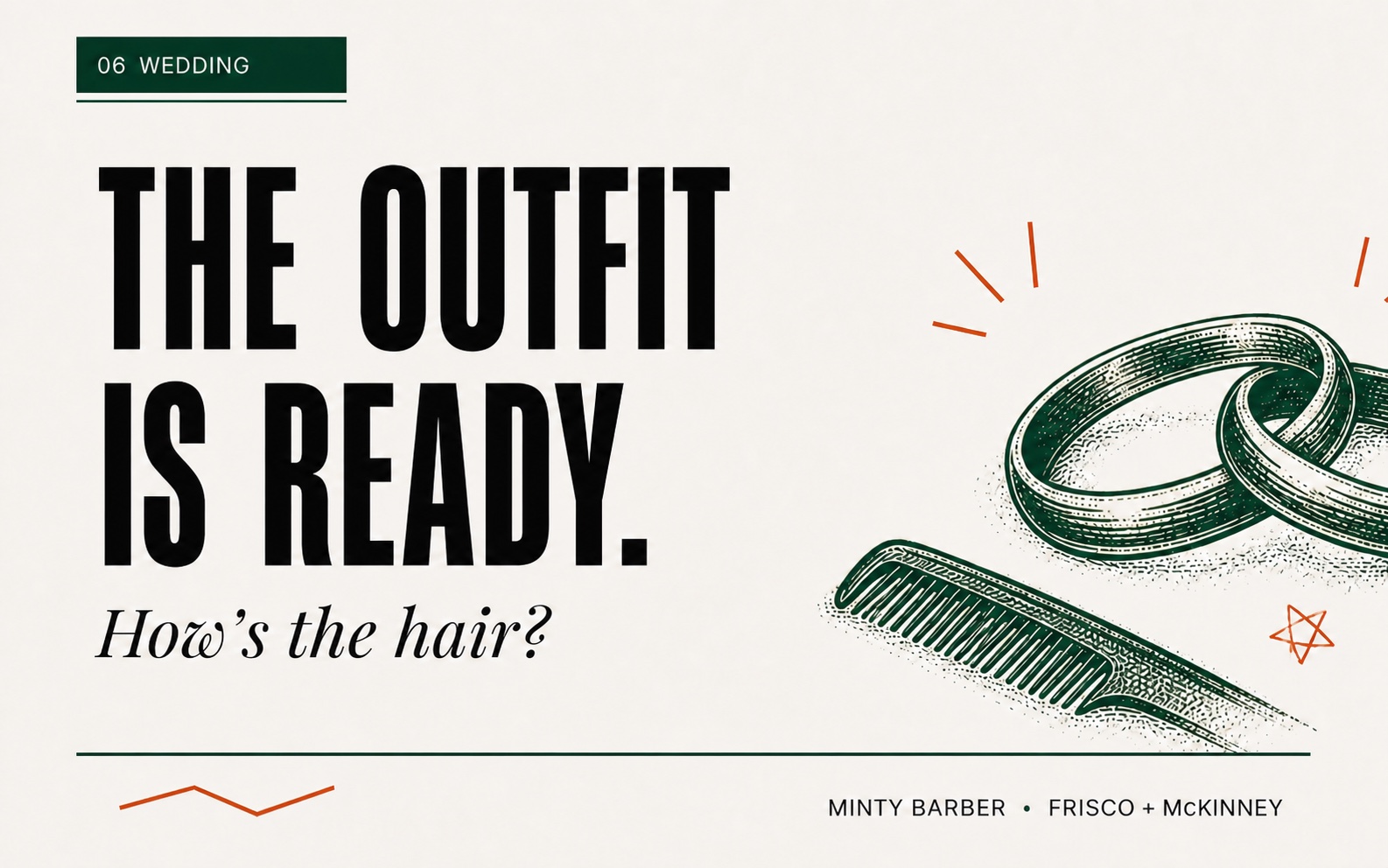 Minty Barber wedding gift card with rings and a comb beside the message The outfit is ready, how’s the hair