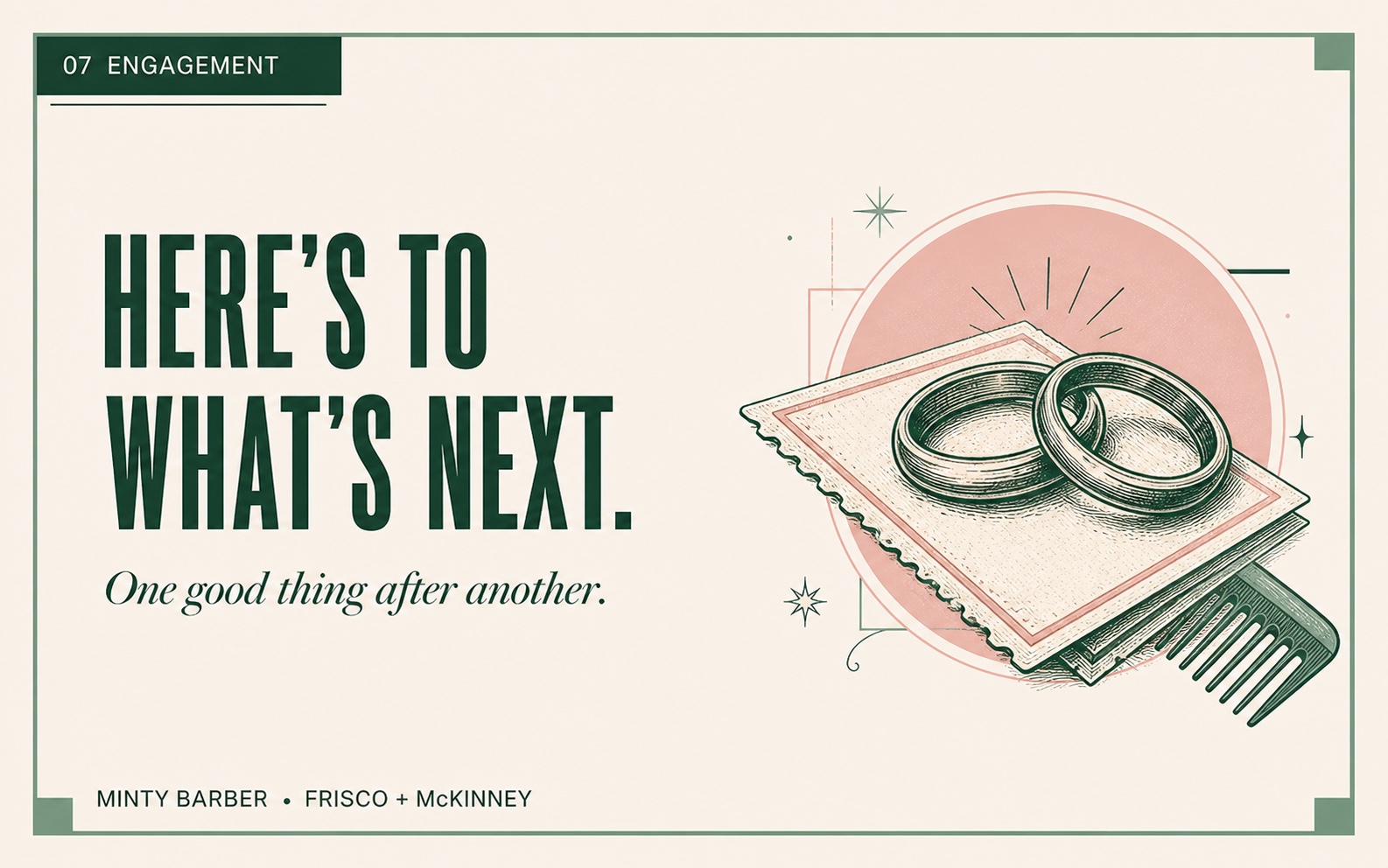 Minty Barber engagement gift card with rings, a comb, and the message Here’s to what’s next