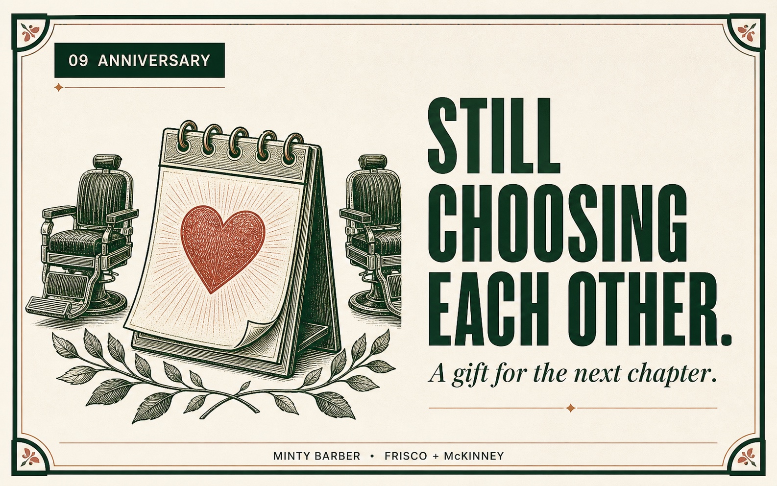 Minty Barber anniversary gift card with a calendar, two barber chairs and the message Still choosing each other