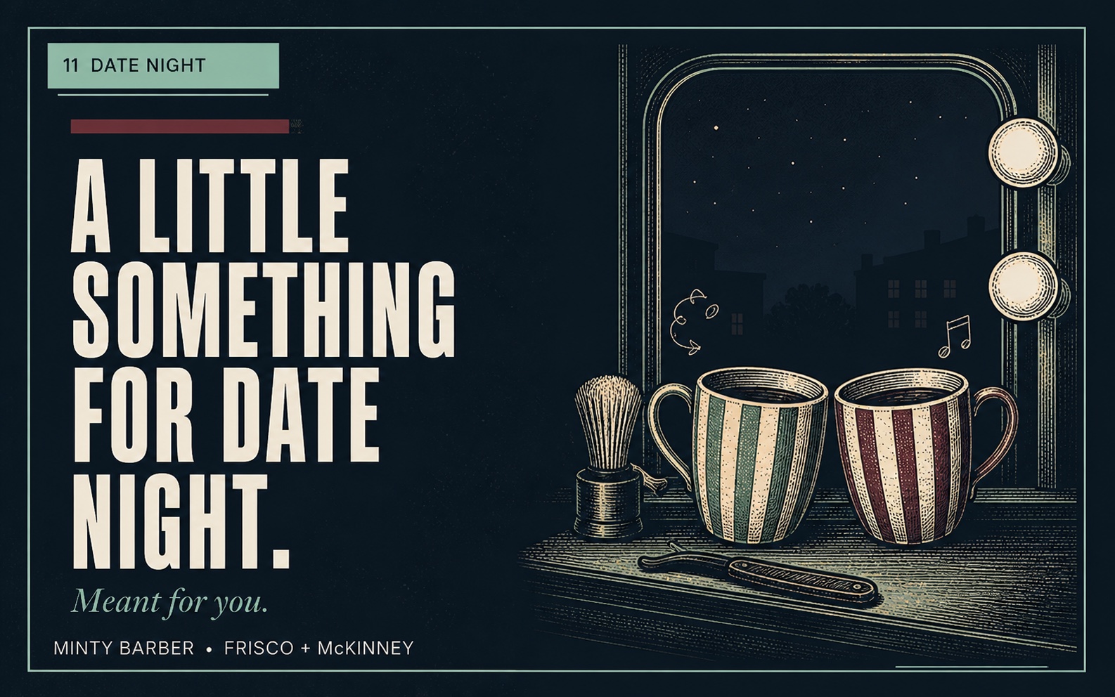 Minty Barber date night gift card with two mugs under warm lights and the message A little something for date night