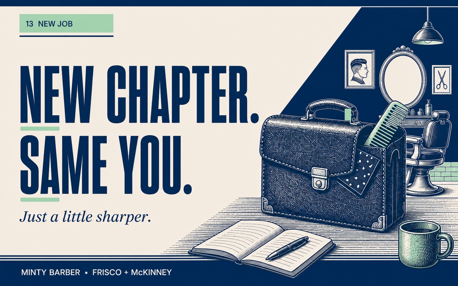 Minty Barber new job gift card with a barber case and the message New chapter, same you