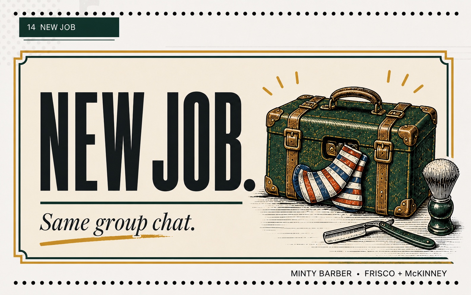Minty Barber new job gift card with a grooming case and the message New job, same group chat