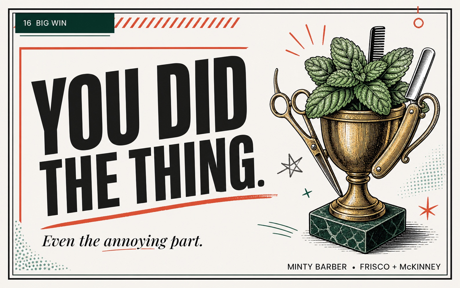 Minty Barber congratulations gift card with a mint-filled trophy, scissors, and the message You did the thing
