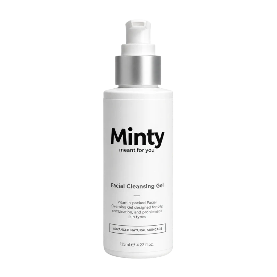 White bottle of Minty Facial Cleansing Gel