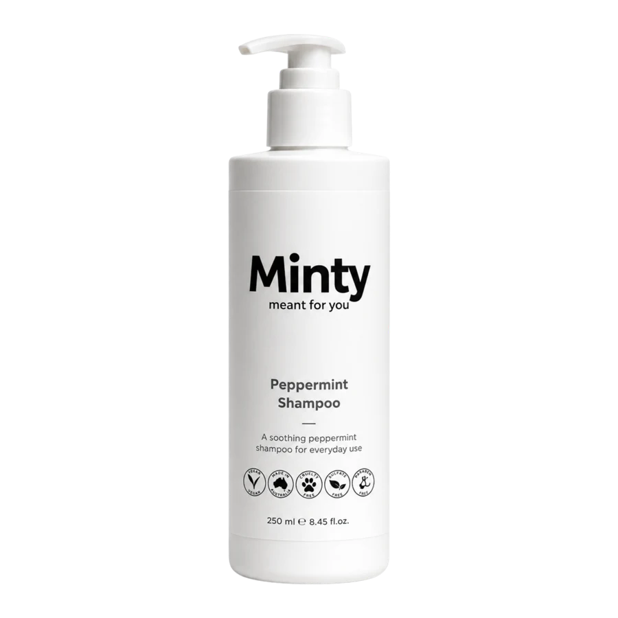 White bottle of Minty Peppermint Shampoo